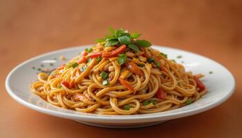 Savory spaghetti dish piled high on a plate. photo