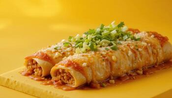 Two savory rolled pasta dishes on a vibrant yellow surface. photo