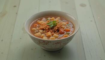 Delicious soup bowl with vegetables and garnish. photo