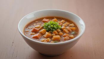 Delicious, hearty vegetable soup in a white bowl. photo