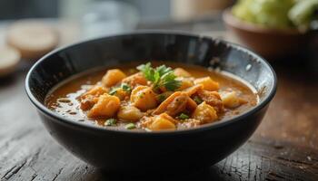 Hearty, flavorful soup served in a dark bowl. photo