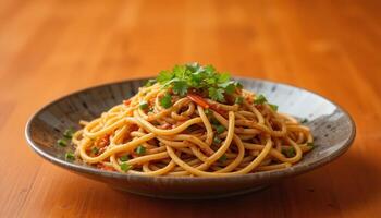 A plate of tasty, saucy pasta dish. photo
