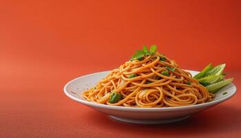 A plate of cooked spaghetti with a vibrant orange background. photo