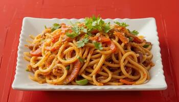 Stir-fried pasta dish with vegetables and herbs. photo