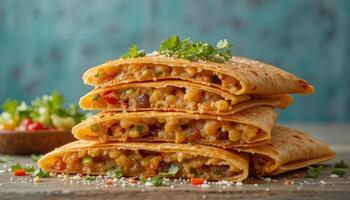Stack of quesadillas filled with savory ingredients. photo