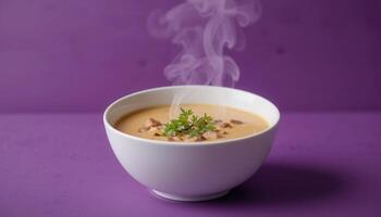 Creamy, hot soup in a white bowl, steaming on a purple surface. photo