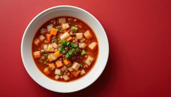 Delicious lentil soup in a white bowl against a vibrant background. photo
