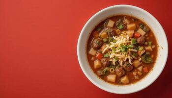 Hearty meat stew in a white bowl on a red surface. photo