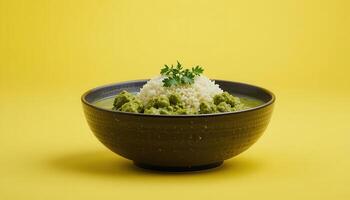 Delicious green curry served with rice in a bowl. photo