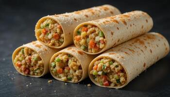 Stacked savory wraps filled with vegetables and grains. photo