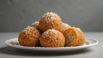 A stack of golden, cheesy baked balls on a plate. photo