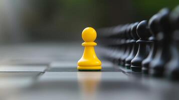 A lone yellow pawn steps away from a row of black pawns, with a calm mist. 3 photo