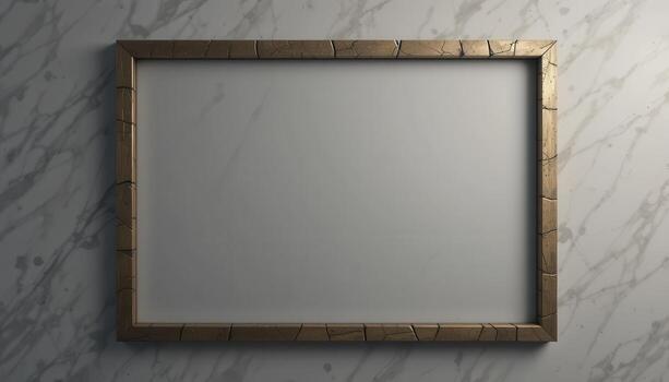 Empty picture frame with gold trim on marble wall. photo