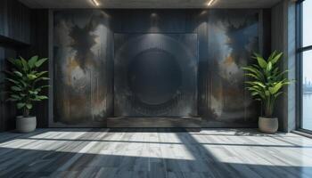 Modern, minimalist interior design showcase with abstract wall art. photo