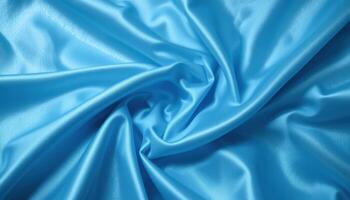 Closeup view of vibrant blue silk fabric draped in folds. photo