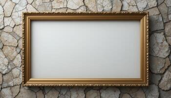 Gold picture frame against a stone wall background. photo