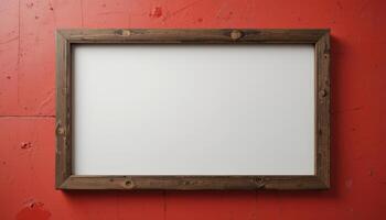 Rustic wooden frame on a vibrant red background. photo