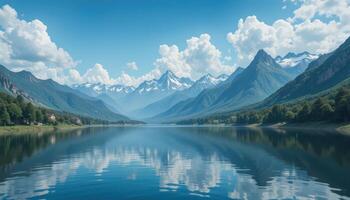 Serene mountain lake reflecting a vast sky. photo