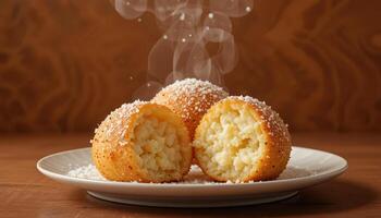 Three fried risotto balls steaming on a plate. photo