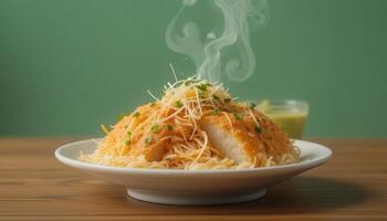 Aromatic, steaming dish of noodles and fish cake. photo