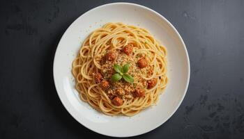 Plate of spaghetti with meatballs and herbs. photo