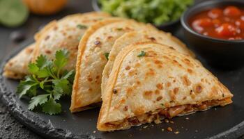 Crispy, golden quesadillas on a dark stone plate. photo