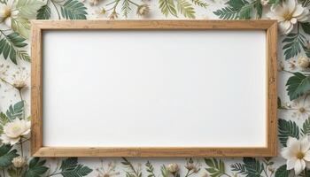 Empty wooden frame surrounded by floral and leaf design. photo