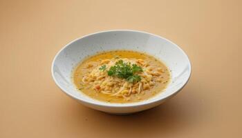 Creamy noodle soup dish on a pale background. photo