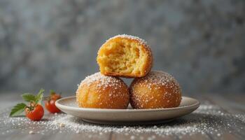 Sweet pastries stacked on a plate, dusted with sugar. photo