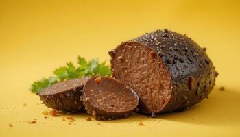 Close-up view of sliced, dark brown food item. photo