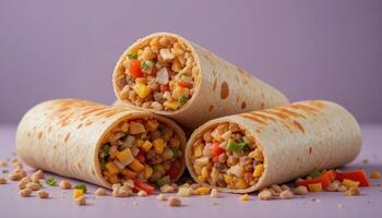 Three burritos stacked atop each other, filled with colorful ingredients. photo