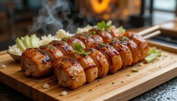 Grilled chicken skewers served with rice and vegetables. photo