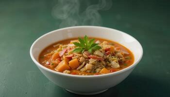 Hearty, steaming soup in a white bowl. photo