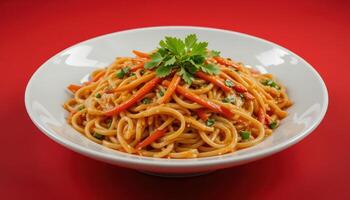 Close-up view of a plate of pasta dish with vegetables. photo
