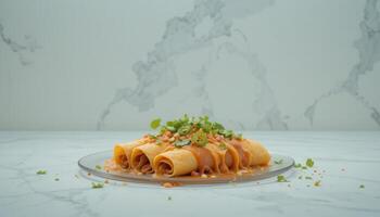 Rolled savory pancakes with peanut sauce and herbs. photo