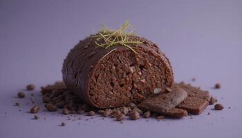 Chocolate log dessert on a lavender background. photo