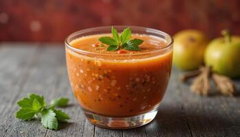 Close-up view of a vibrant fruit smoothie in a glass. photo