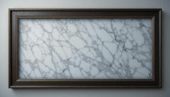 Rectangular marble panel framed in dark wood trim. photo