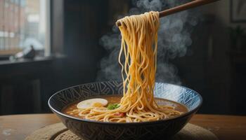 Steaming ramen noodles lifted by chopsticks. photo