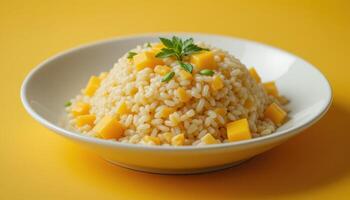 Creamy, cheesy rice dish with mango and corn. photo