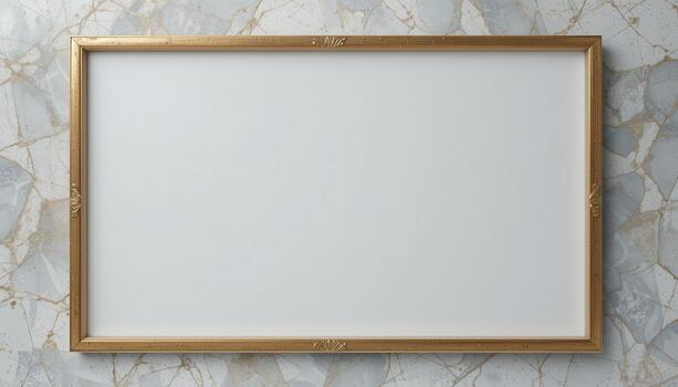 Empty gold-framed picture on a light-colored stone surface. photo