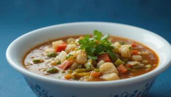 Close-up view of a bowl of vegetable soup. photo