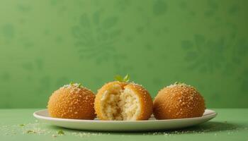 Three golden fried balls on a white plate against a green background. photo