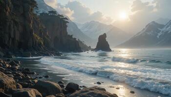 Dramatic coastal landscape at sunrise. photo
