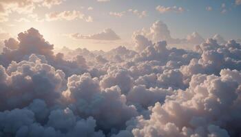 Expansive view of fluffy clouds illuminated by golden sunlight. photo