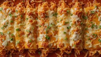 Baked enchiladas with melted cheese and garnish. photo