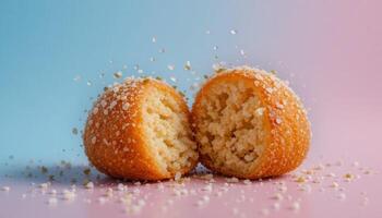 Two halves of a golden pastry, sprinkled with tiny bits, against a soft color background. photo