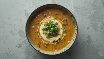 Creamy lentil soup with a light topping. photo