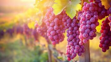 Vineyard at golden hour, heavy clusters of purple grapes hanging between wooden posts. 3 photo