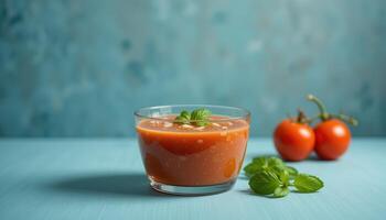 Vibrant tomato soup in a glass bowl. photo